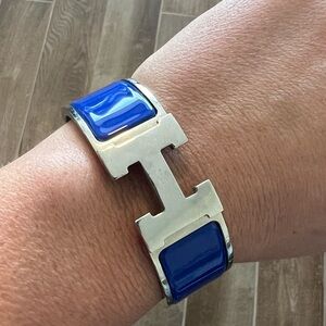 Authentic ** Hermes Clic Clac H Bracelet - Blue Enamel / Palladium Plated